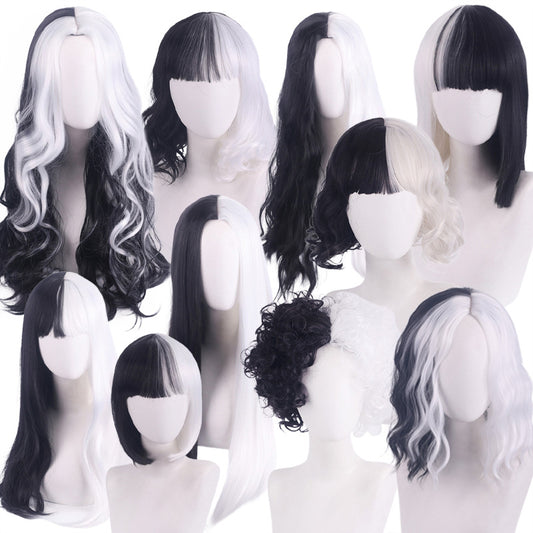 Black White Witch Color Matching Small Short Long Straight Wig