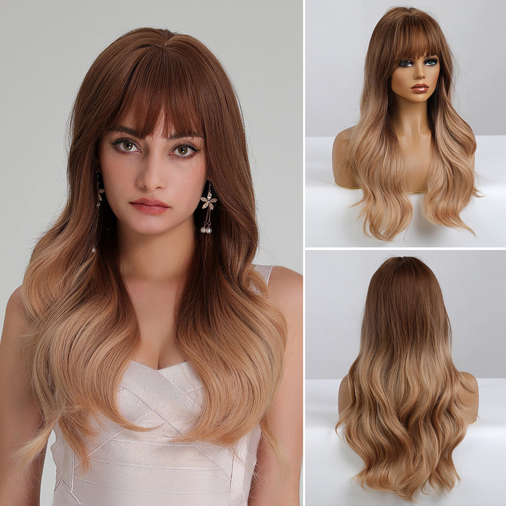 Straight Bangs Curly Hair Gradient White Gold Color Mechanism Wig Long Curls