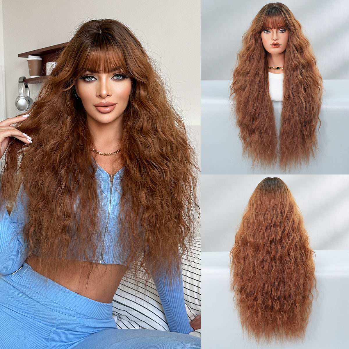 Black Tea Brown Straight Bangs Curly Wig Long Curls