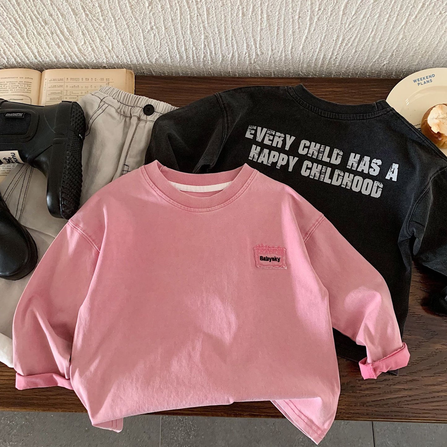 Sleeve Spring Korean Style Boys Letters Western Pullover Top Children's T-shirt