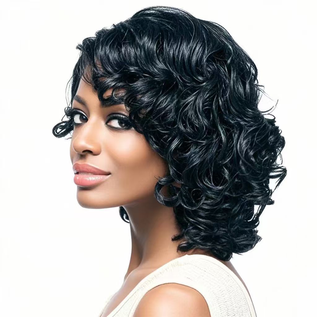 Female Egg Roll Fashion Gradient Golden Medium Long Split Pear Wig Short Curly Hair