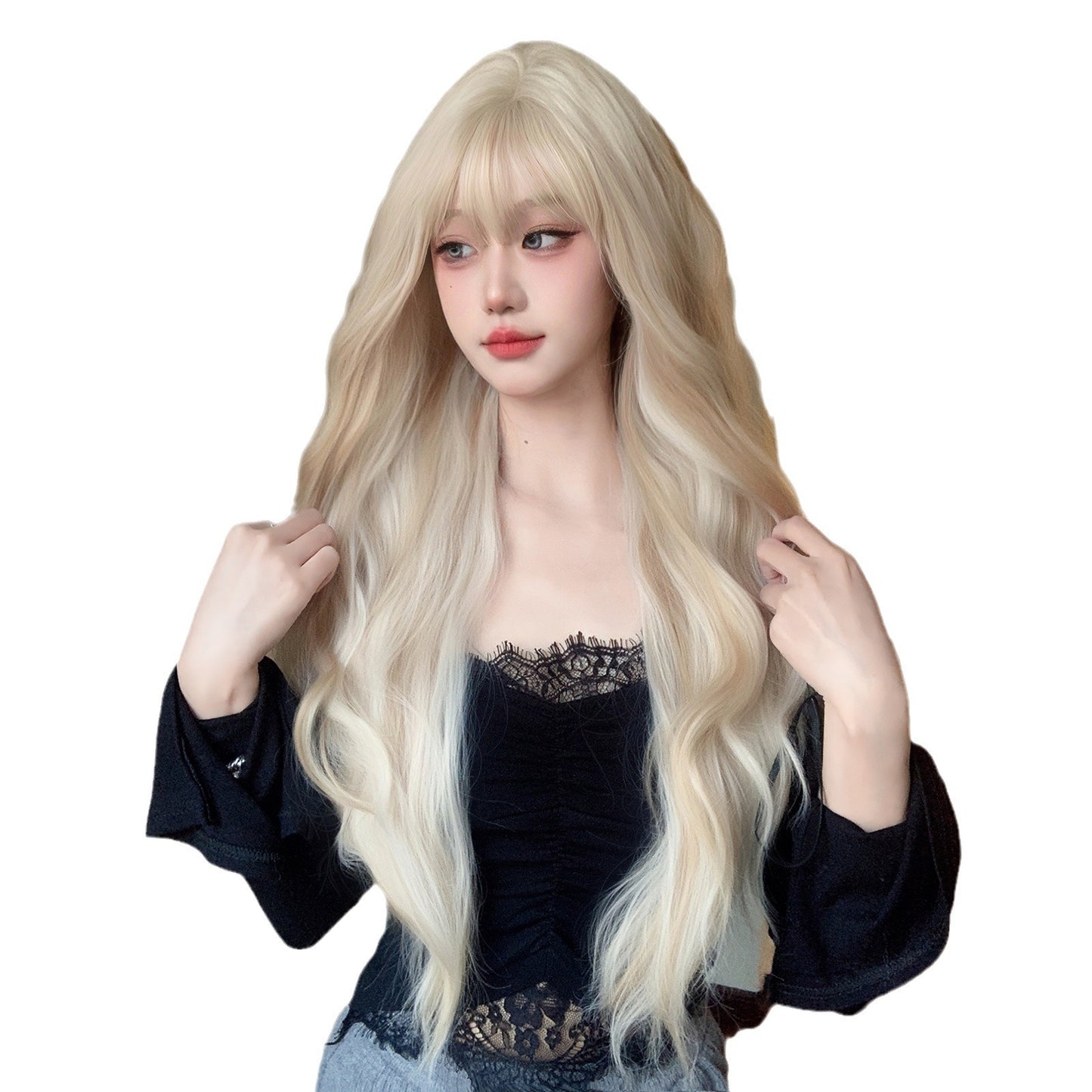 Women's Korean Curly Hair Bangs Big Wave Simulation Natural White Wig Long Curls