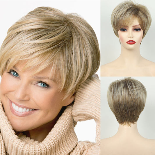 Women's Fashionable Golden Side Bangs Straight Head Wig Short Curly Hair