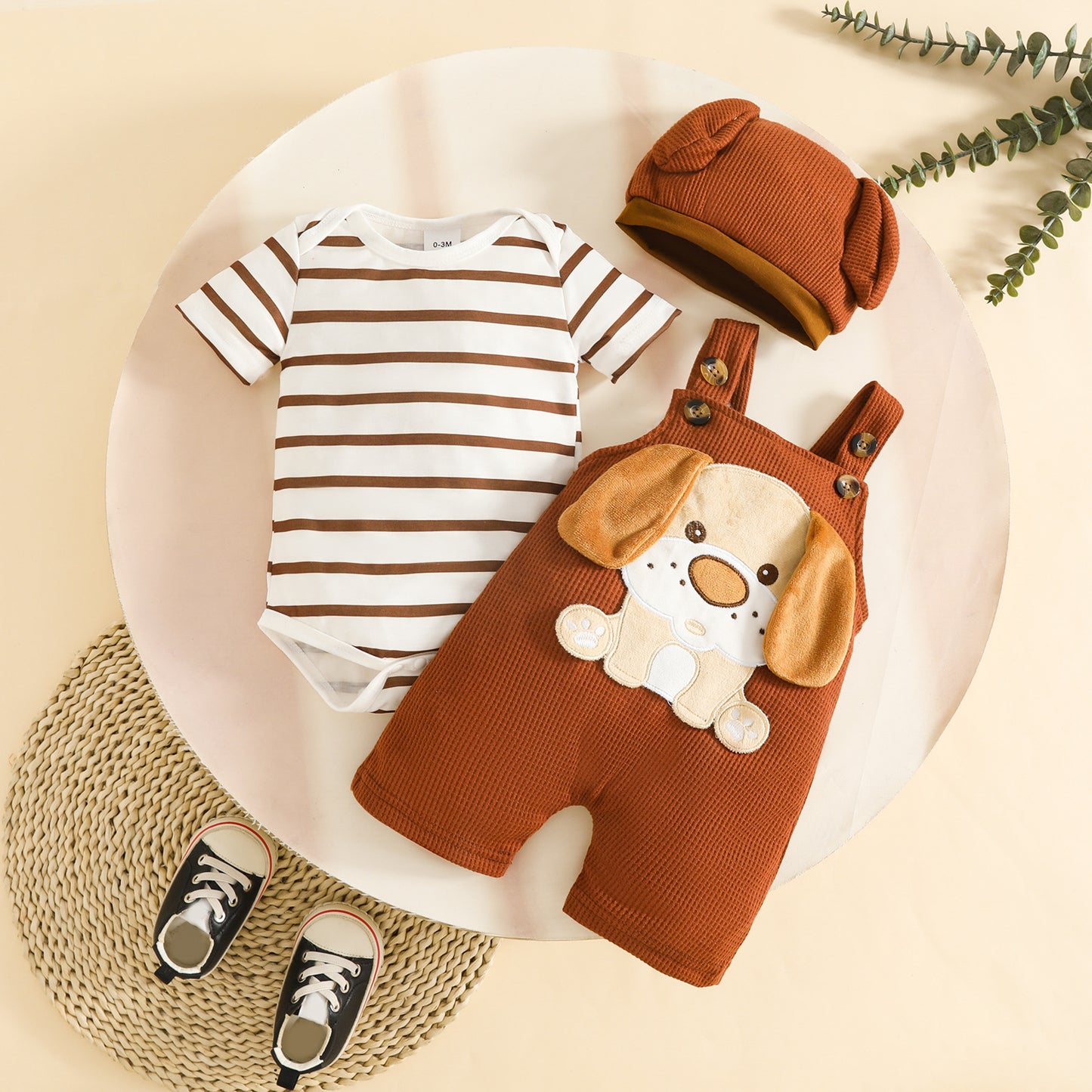 Boy Short Sleeve Striped Animal Pattern Triangle Jumpsuit Waffle Zhang Children's Suit