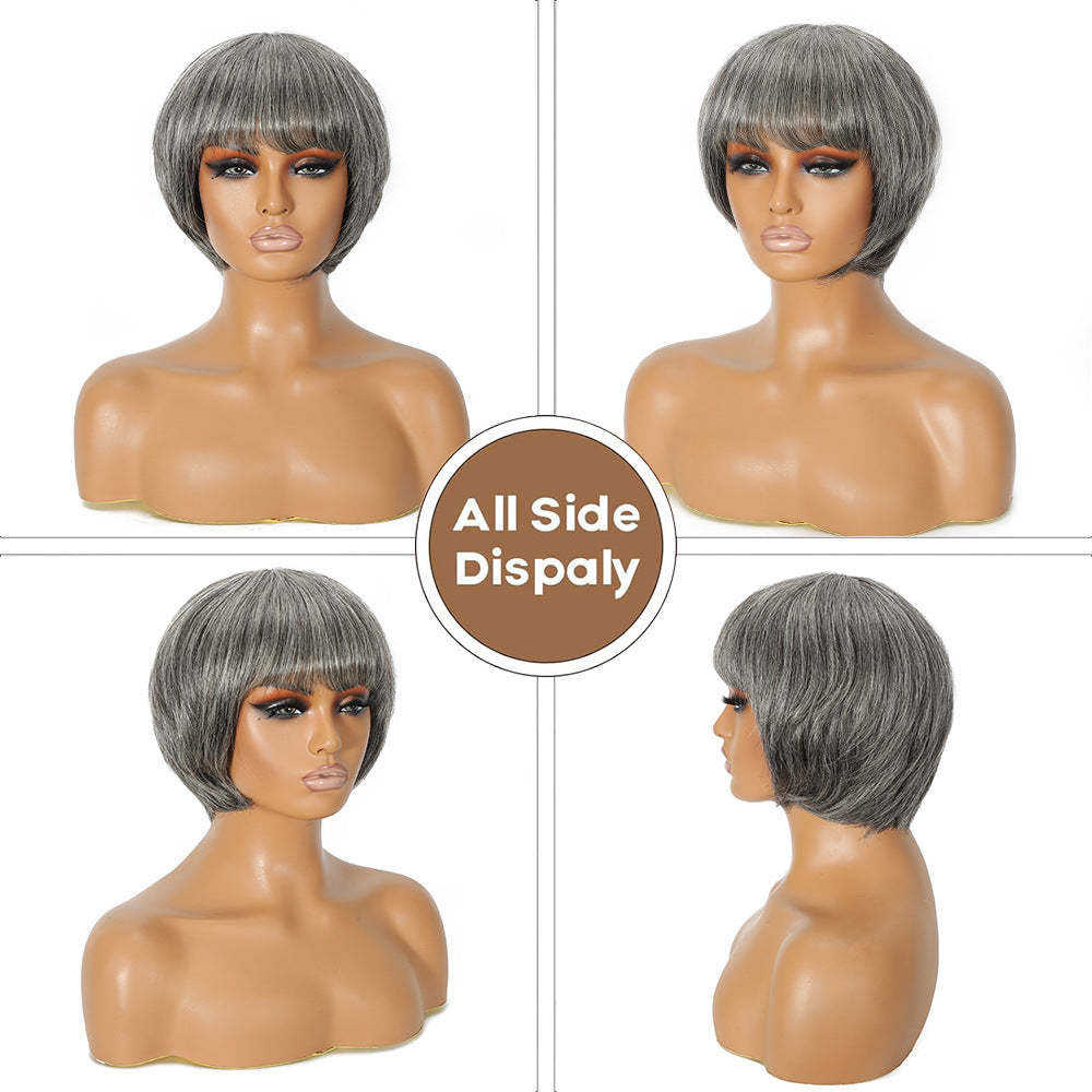 Mechanism Short Dark Gray Light Granny Grey Real Hair Wig