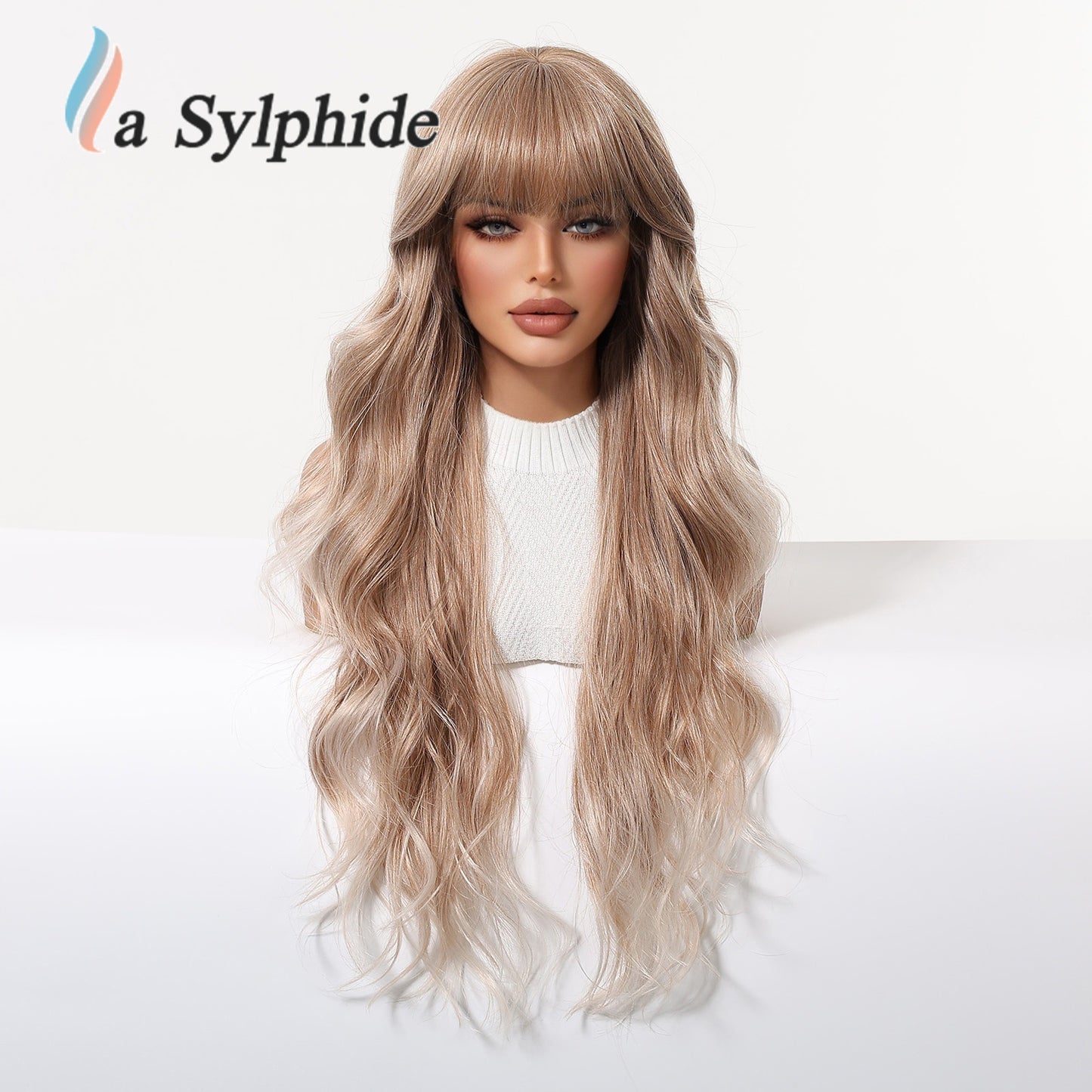 Bangs Super Water Ripple Milk Tea Brown Wig Long Curls
