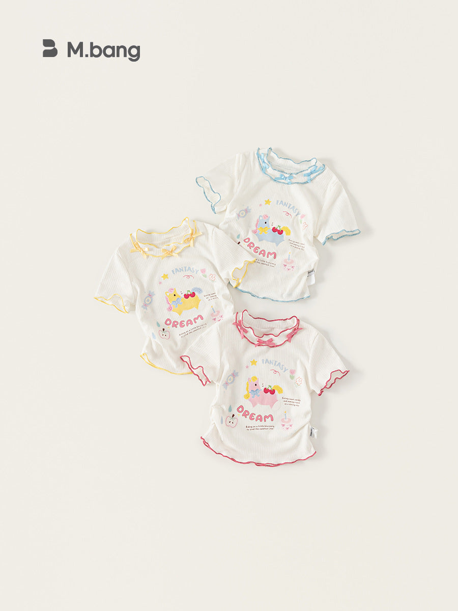 Children's Clothing Short-sleeved Contrast Color Wooden Ear Cute Children's T-shirt