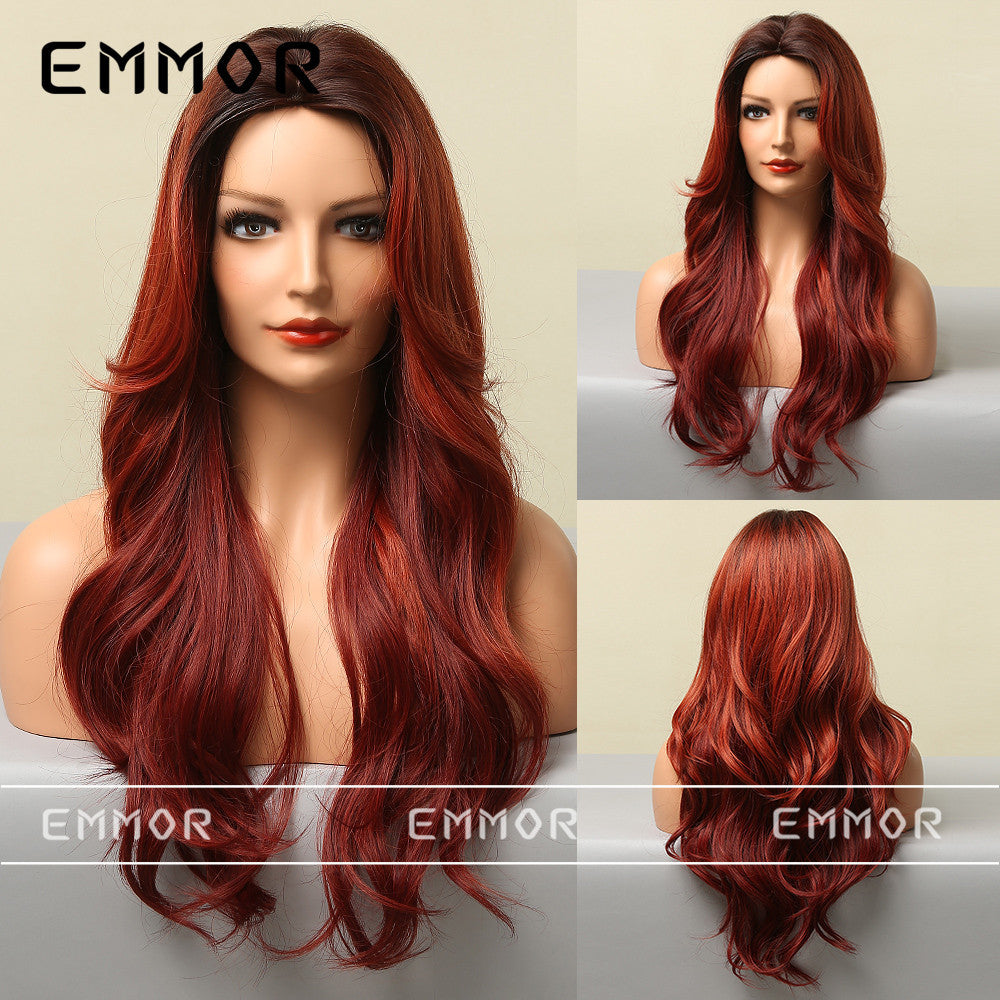 Medium Gradient Red Big Wave Curly Head Wig Long Curls