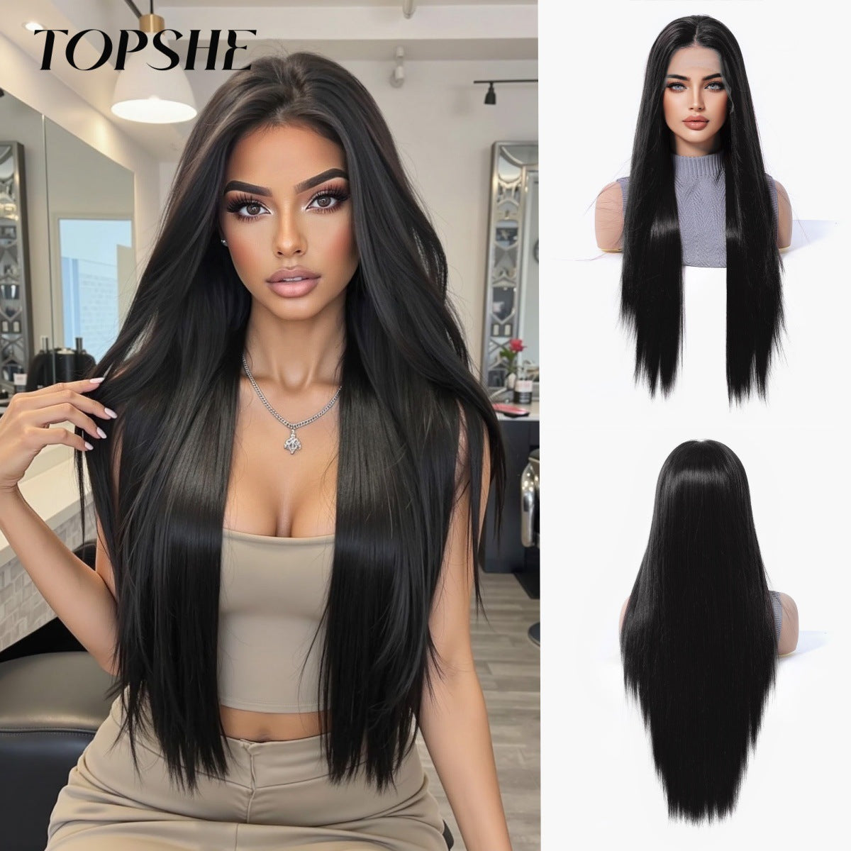 Women's Large Area Lace Casual Split Hair High Temperature Resistant Chemical Long Straight Wig