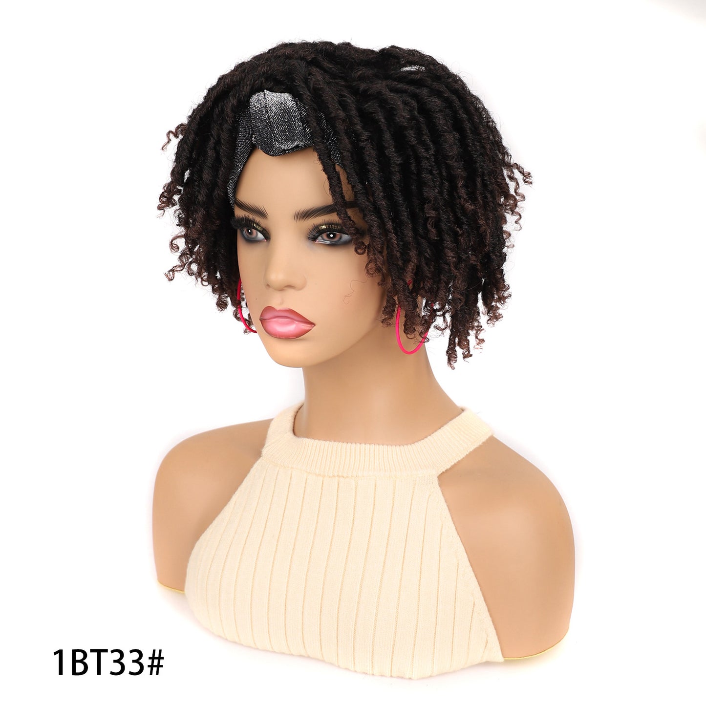 Turban Head Cover Black Sier Sleeve Curved Wig Short Curly Hair