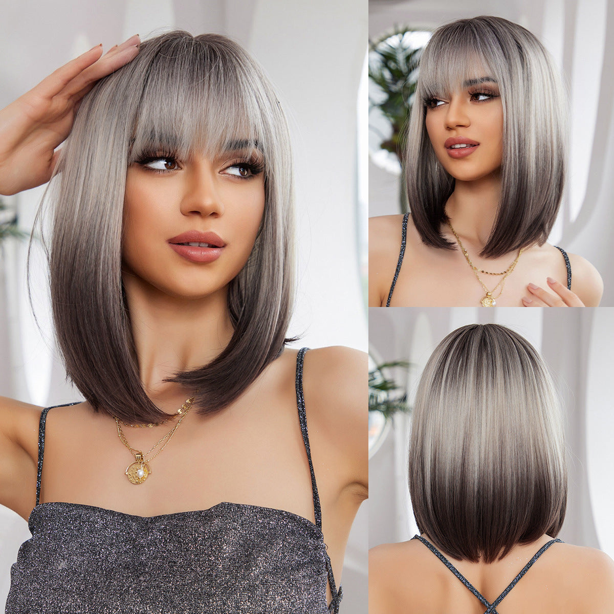 Female Clavicle Gradient Golden Artificial Scalp Natural Medium Wig Short Straight Hair