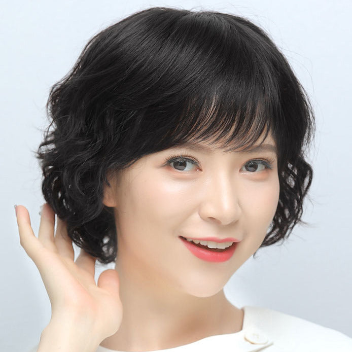 Women's Human Small Curls Natural Mother Style Full Top Short Real Hair Wig