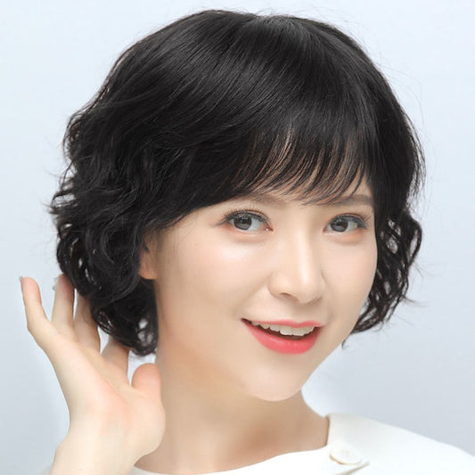 Women's Human Small Curls Natural Mother Style Full Top Short Real Hair Wig