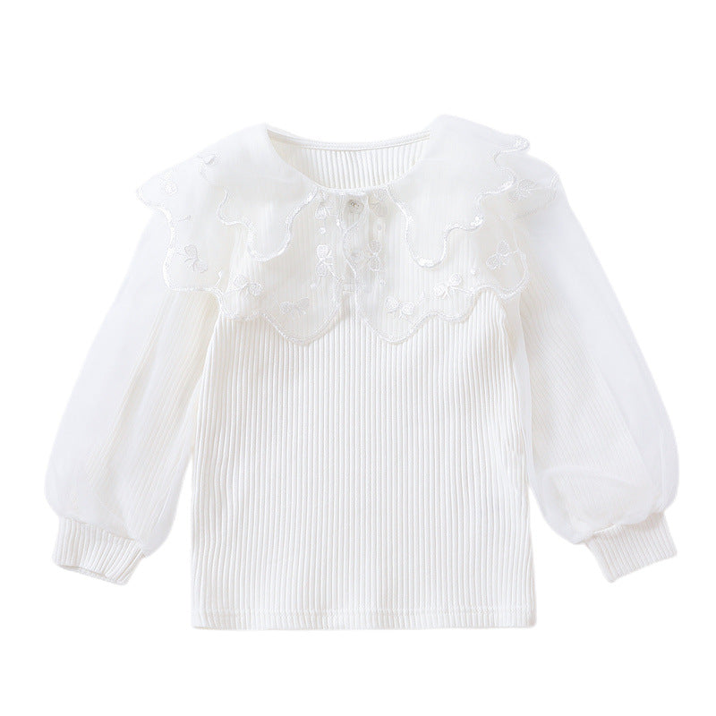 Children's Long-sleeved Pure Cotton White Doll Collar Lace Top Children's T-shirt