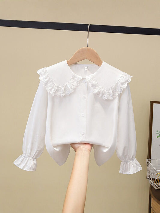 White Doll Collar Pure Cotton Long-sleeved Lace Lapel Princess Children's Shirt