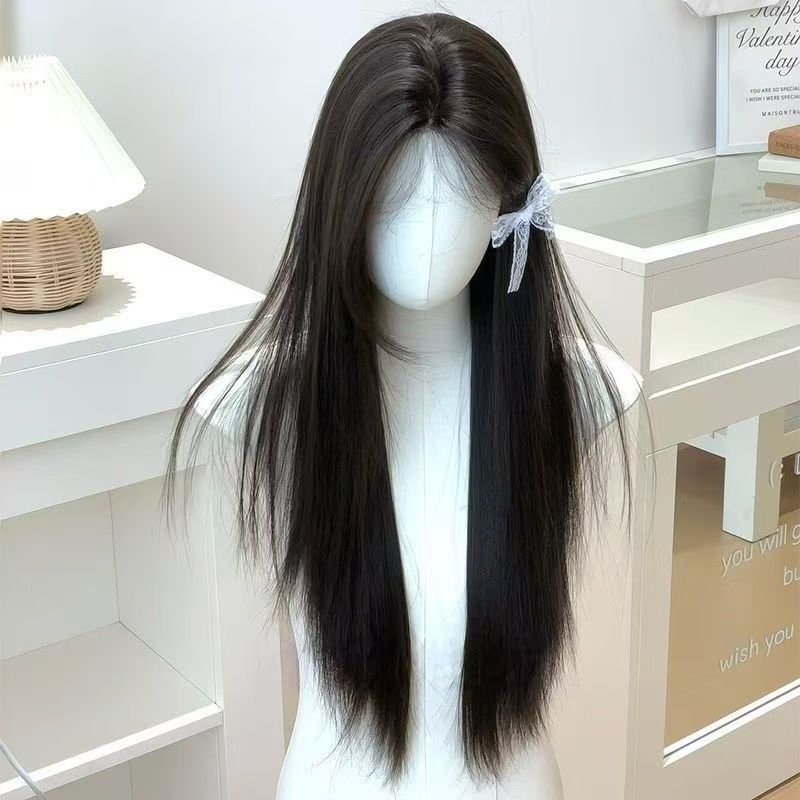 Khaki Female Forehead Hand-woven Lace Hair Linen Brown Long Straight Wig