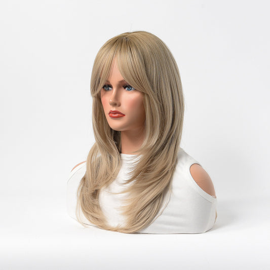 Female Fluffy Bangs Golden White Medium Inner Buckle Synthetic Wig Long Curls