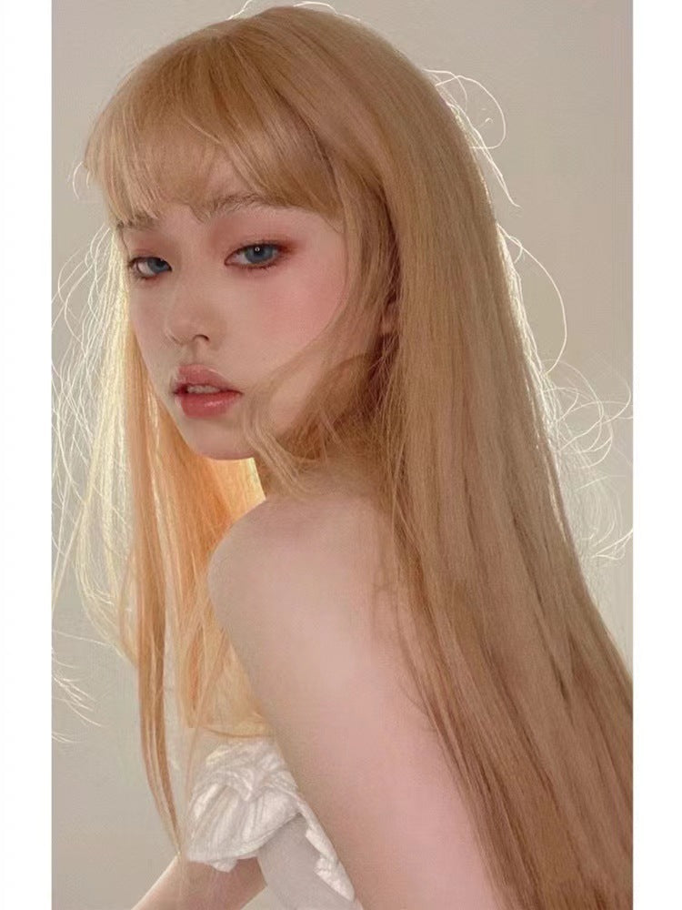 Female Daily Hair Golden Head Cover Air Bangs Mannequin Dummy Long Straight Wig
