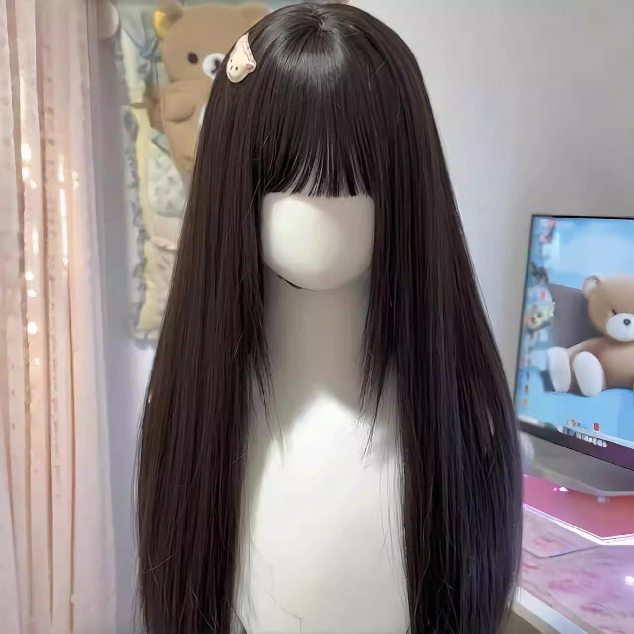 Women's Natural Bangs Cold Worry Less Radish Double Long Straight Wig