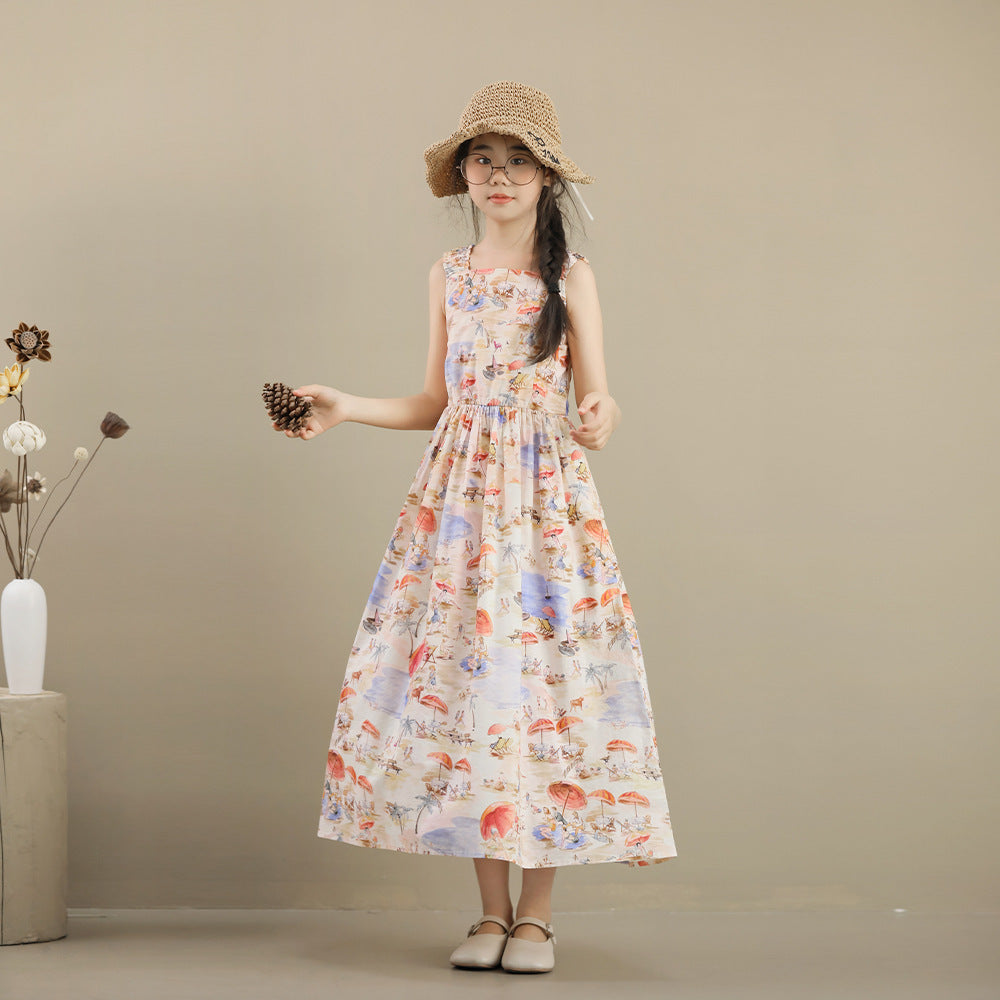 Summer Strap Beach Middle Big Floral Children's Dress
