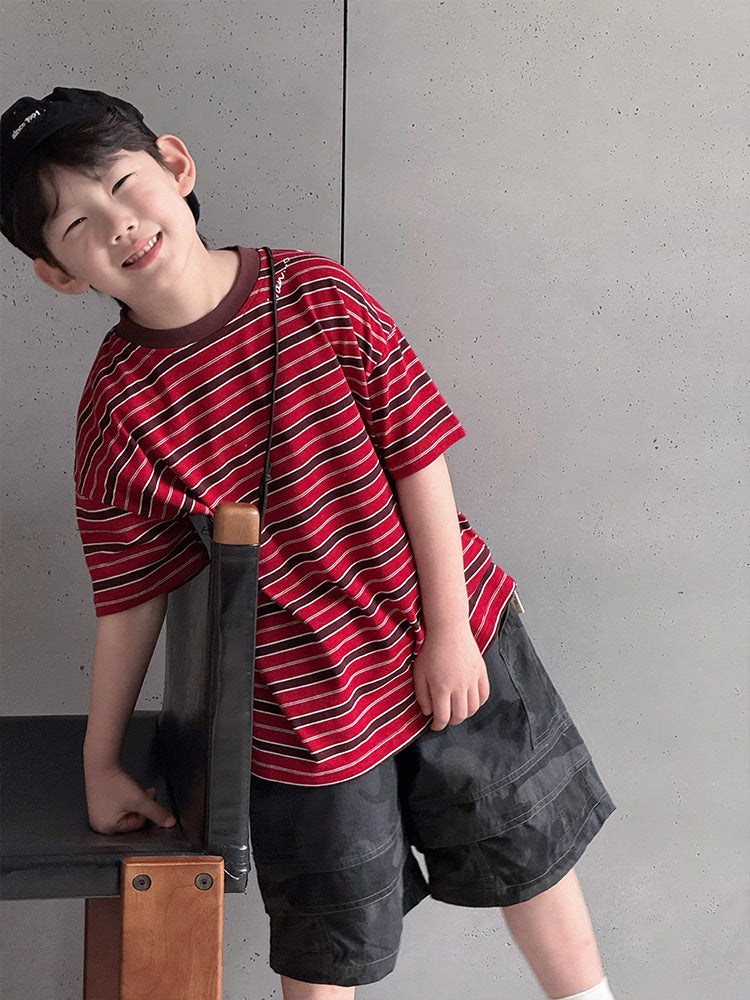 Children's Korean Style Versatile Medium Large Striped Short-sleeved Clothing Boys Trendy Children's T-shirt
