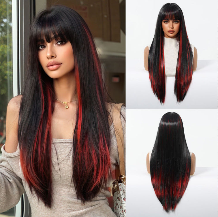 Female Air Bangs Brown Gradient Golden Long Straight Wig