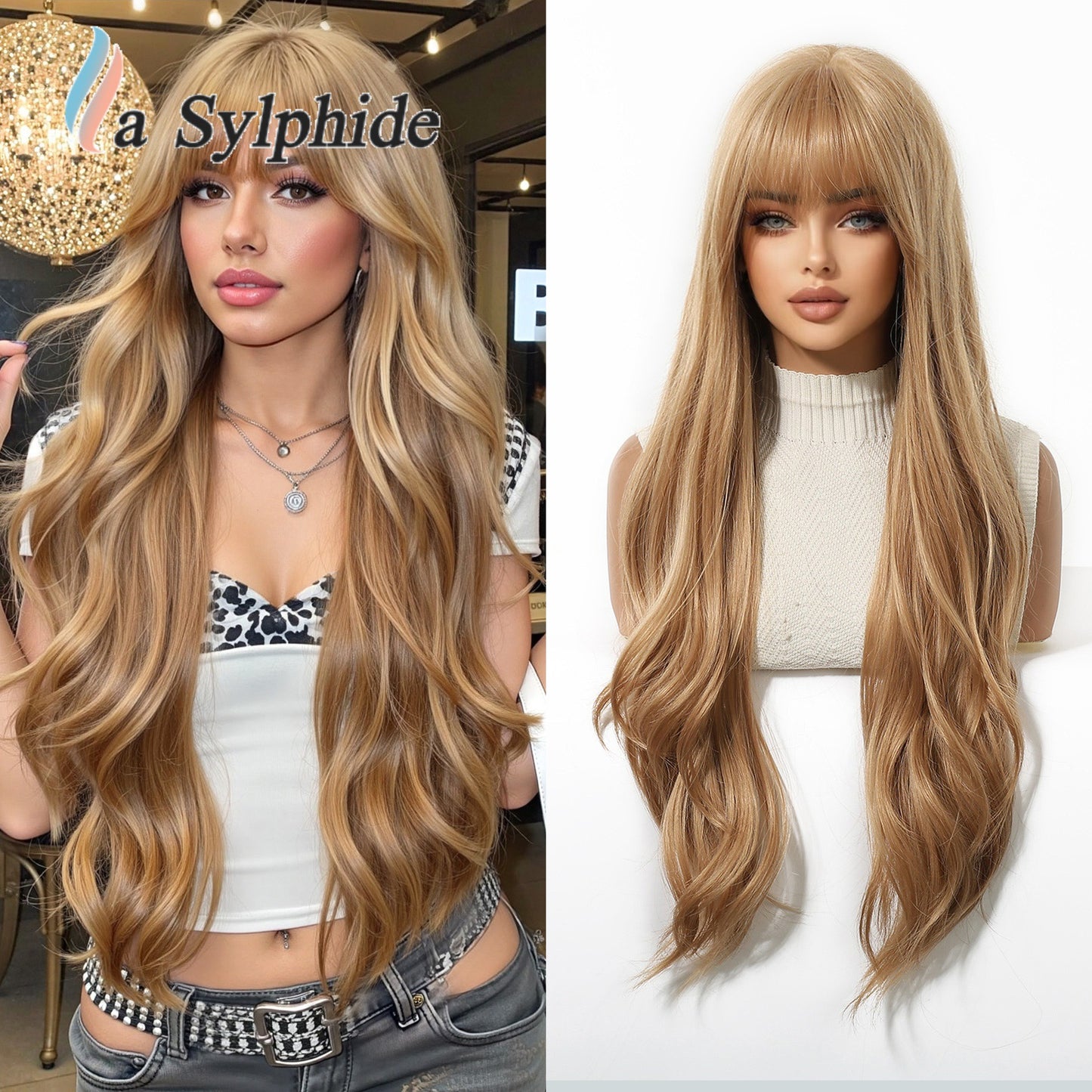 Straight Bangs Orange Wavy Curly Hair Mechanism Wig Long Curls