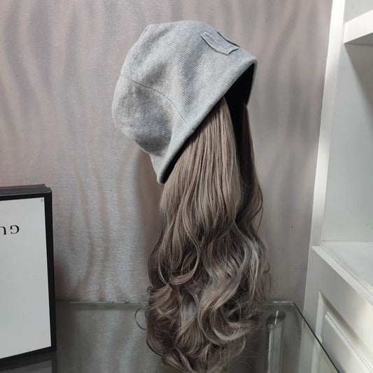 Women's Fashion Tide Gray Pile Heap Cap Street Wig Long Curls