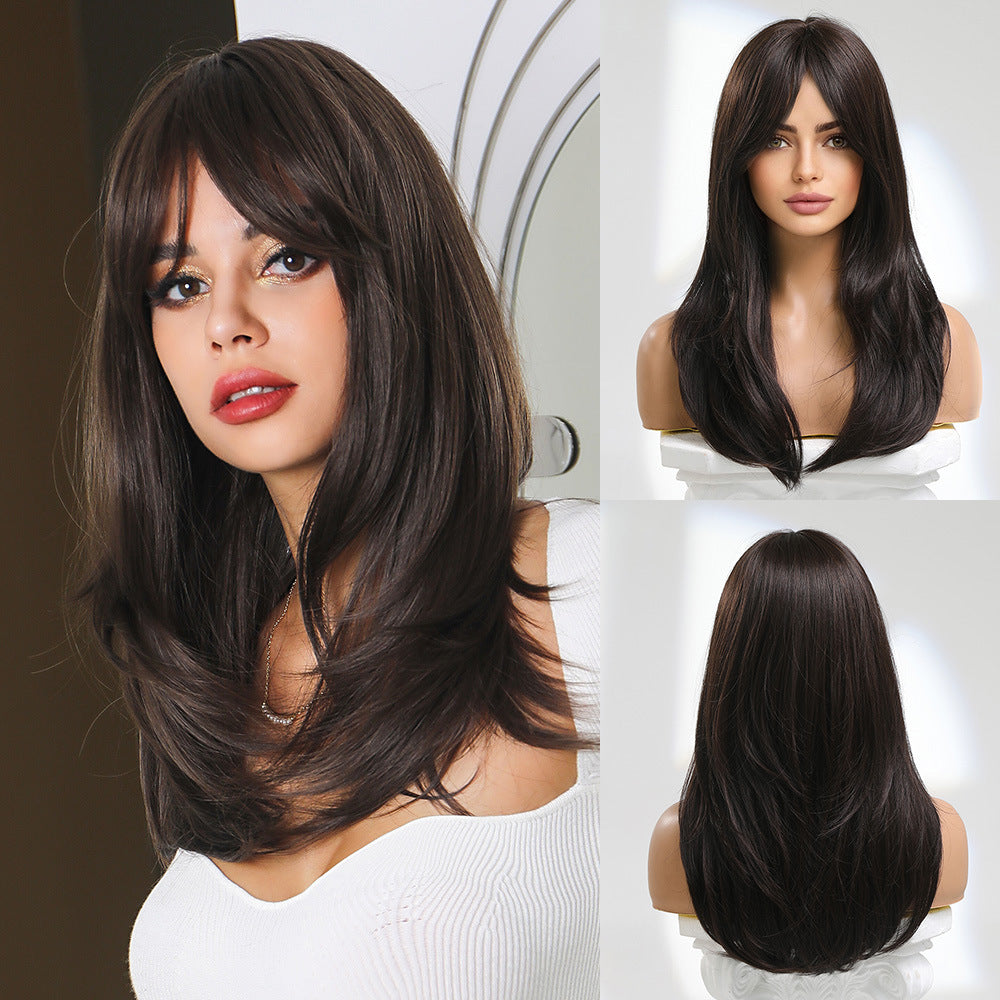 Punk Pink Gradient Dark Brown Fringe Straight Wig Long Curls