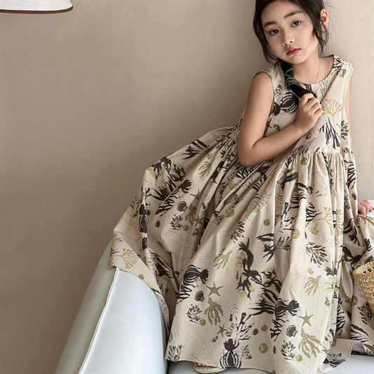 Children's Mid-length Skirt Summer Korean Style Ink Painting Pure Cotton Loose Children's Dress