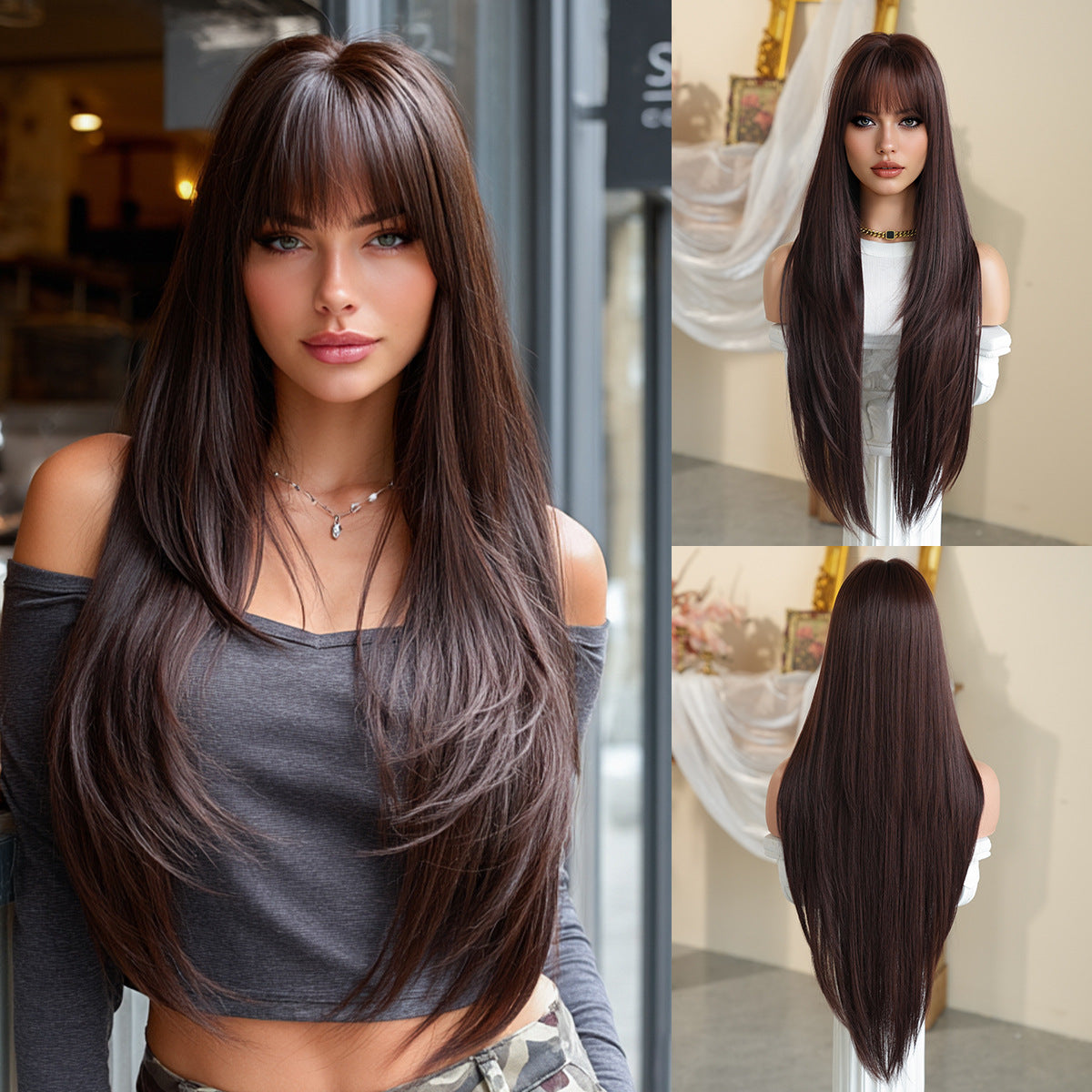 Black Full Top Bangs High Quality Chemical Long Straight Wig