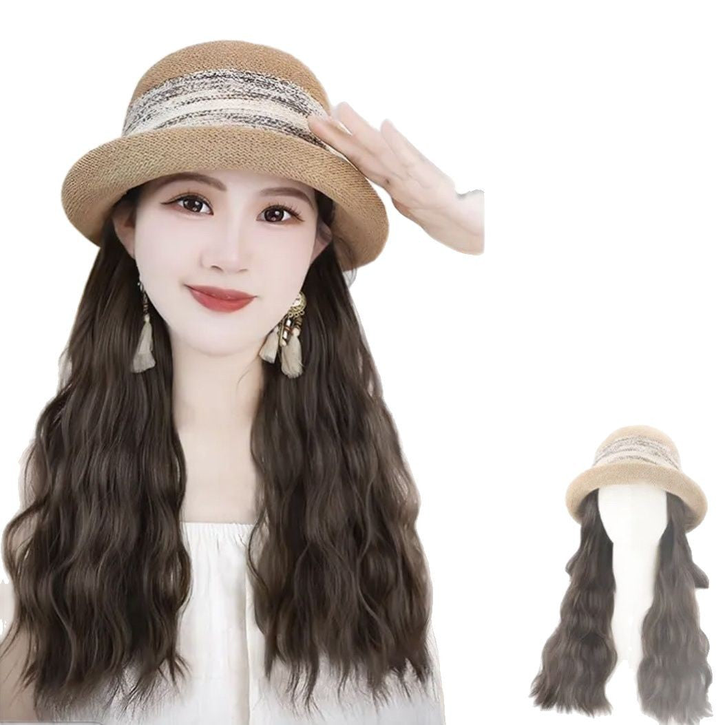 Temperament Female French Style Brim Hat One Curly Hair Wig Long Curls