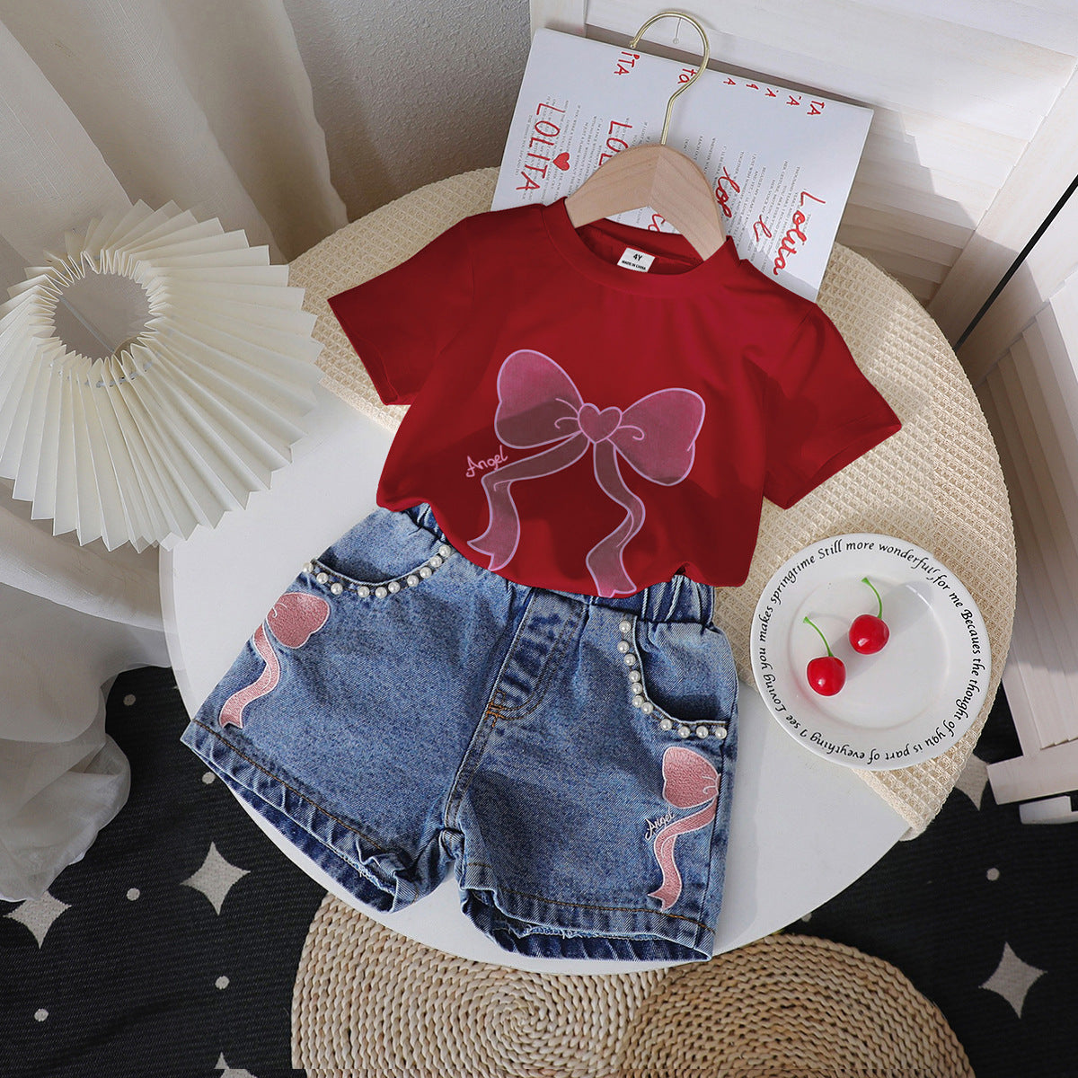 Neck Printed Knitted Top Denim Beaded Embroidered Jeans Children's Suit