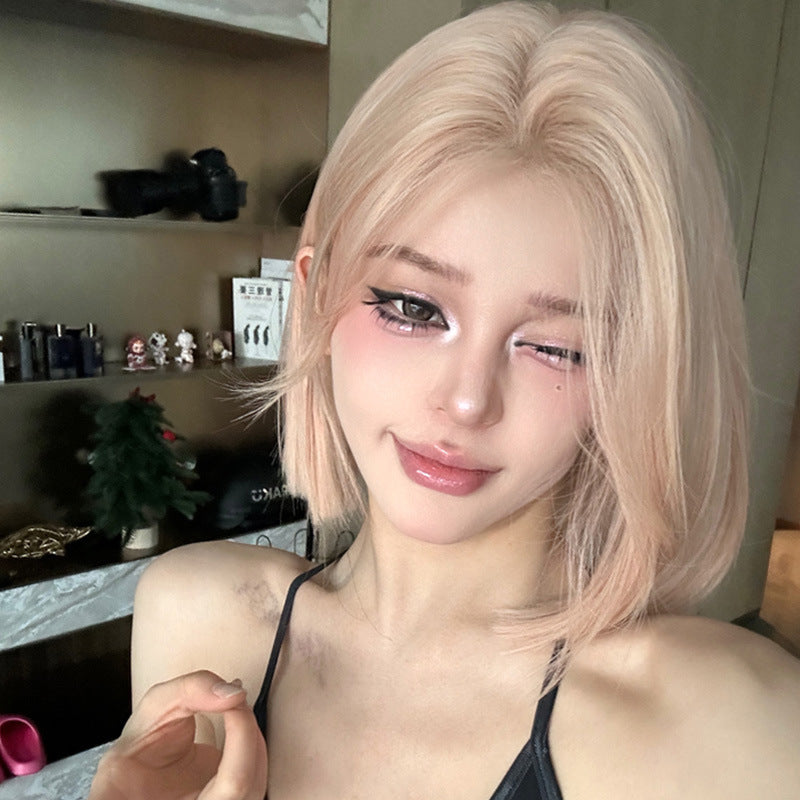 Women's Pink Golden Mid-length Bangs Short Hair Summer Barbie Korean Daily Other Wig
