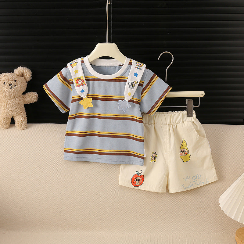 Children's Summer Korean Cute Boy Cartoon Striped Shawl Short Children's Suit