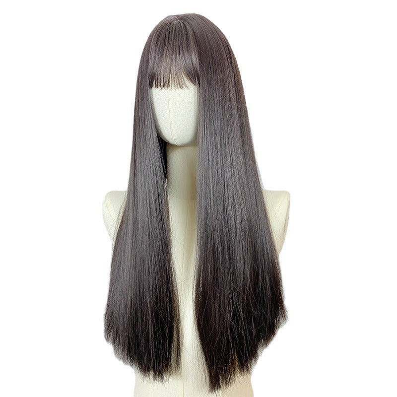 Women's Hair Head Cover Natural Black Bangs Long Straight Wig