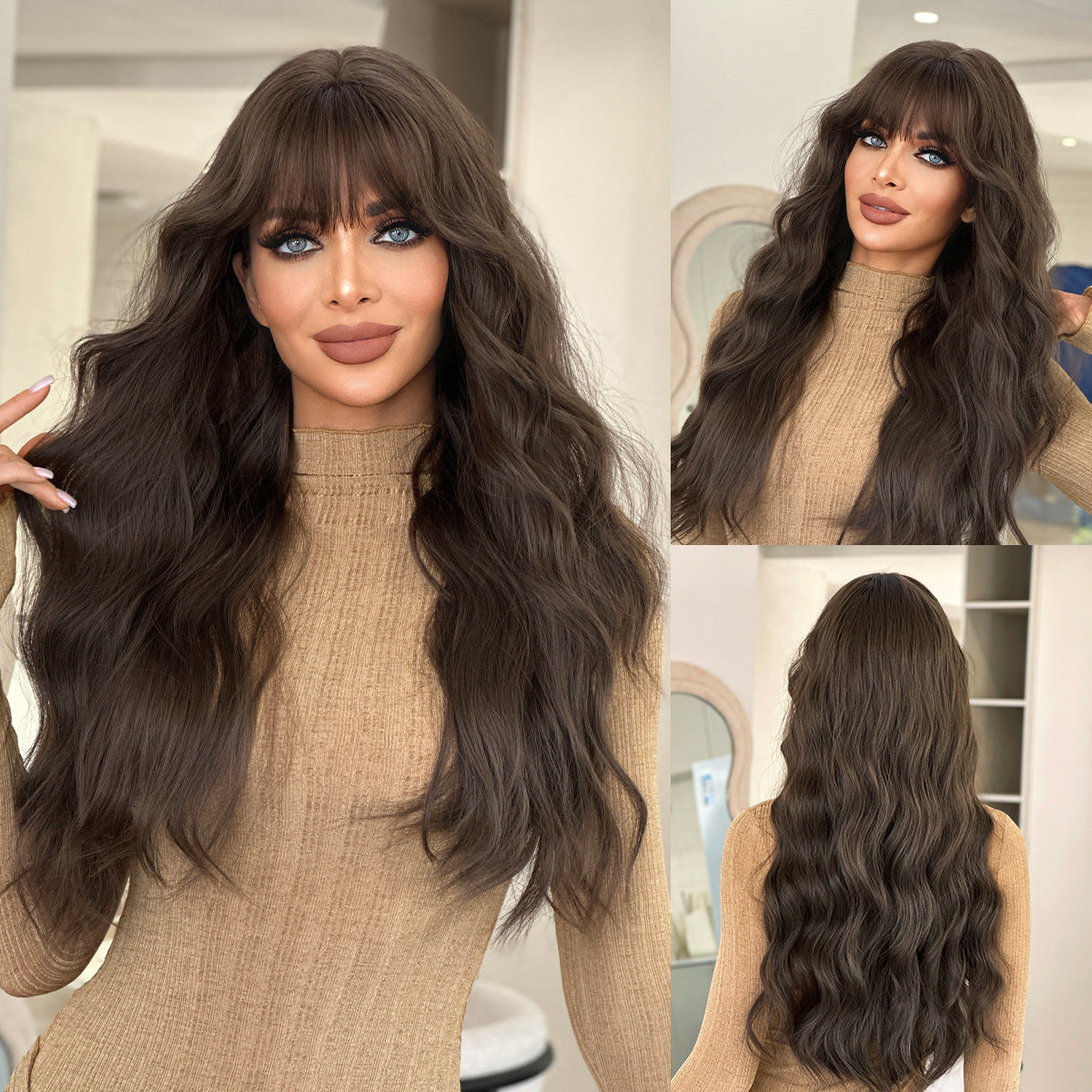 Super Brown Female Big Wave Curly Hair Daily Use Natural Wig Long Curls