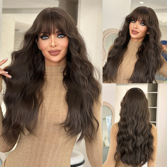 Super Brown Female Big Wave Curly Hair Daily Use Natural Wig Long Curls