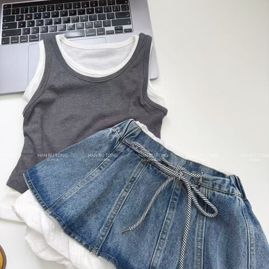 Children's Summer Fake Two-piece Vest Sleeveless Sling Denim Children's Suit