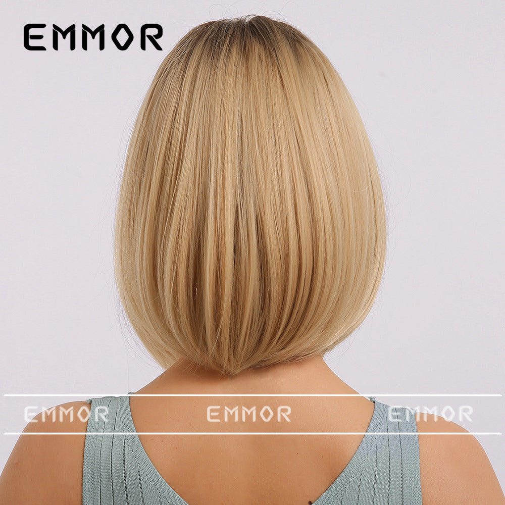 Women's Straight Bangs Head Gradient Golden Synthetic Wig Short Curly Hair