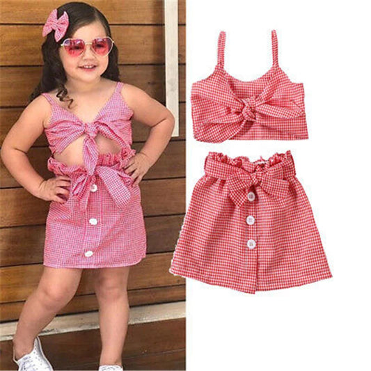 Children's Infant Toddler Bow Plaid Suspender Skirt Children's Suit