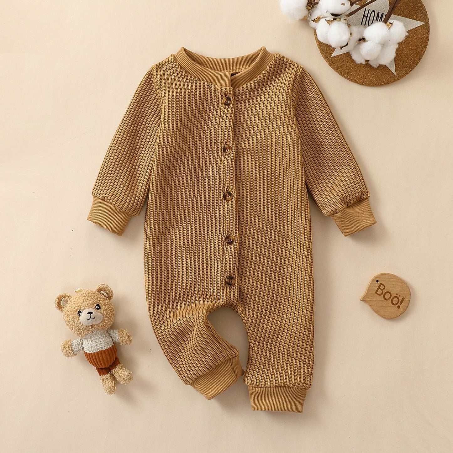 Front Open Single-breasted Knitted Long Sleeve Round Neck Jumpsuit, Climbing Suit