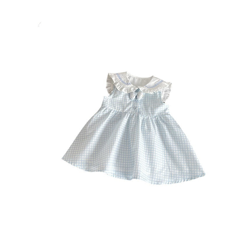 Children's Blue White Plaid Doll Collar Ruffled Children's Dress