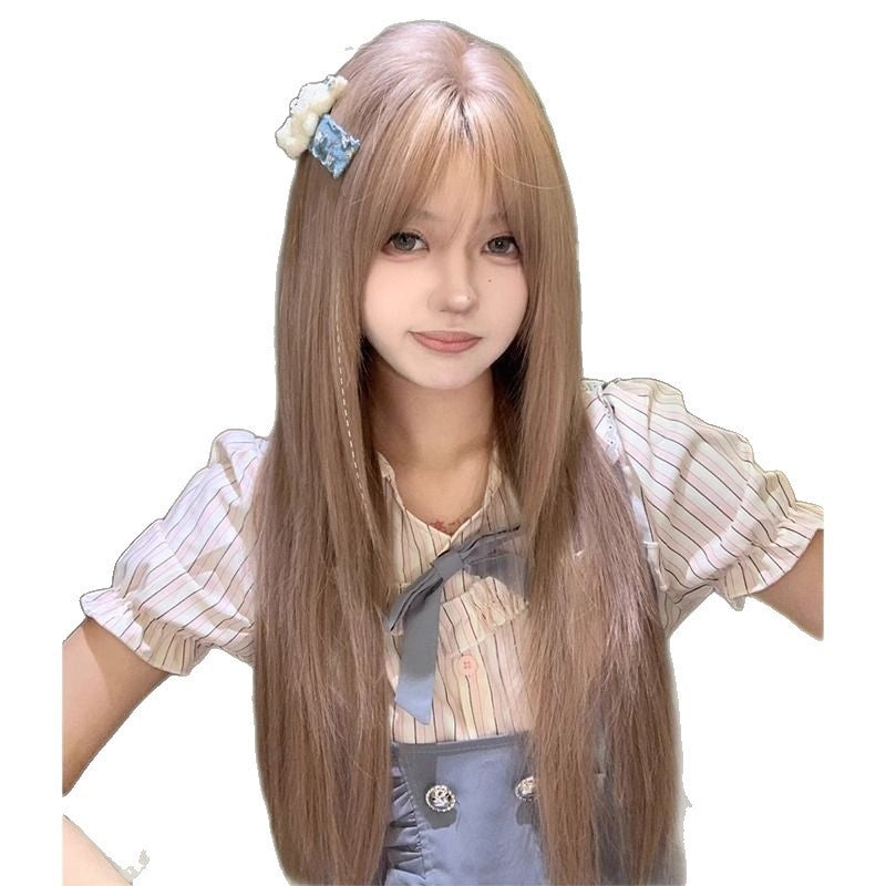 Women's Pink Brown Team Natural Level Hair Long Straight Wig