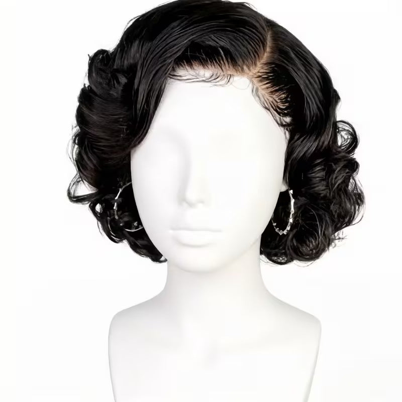 Black Side Points Artificial Free Labeling Wig Short Curly Hair