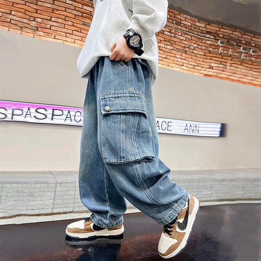 Children's Youth Korean Style Medium Big Large Pocket Wide Leg Children's Pants