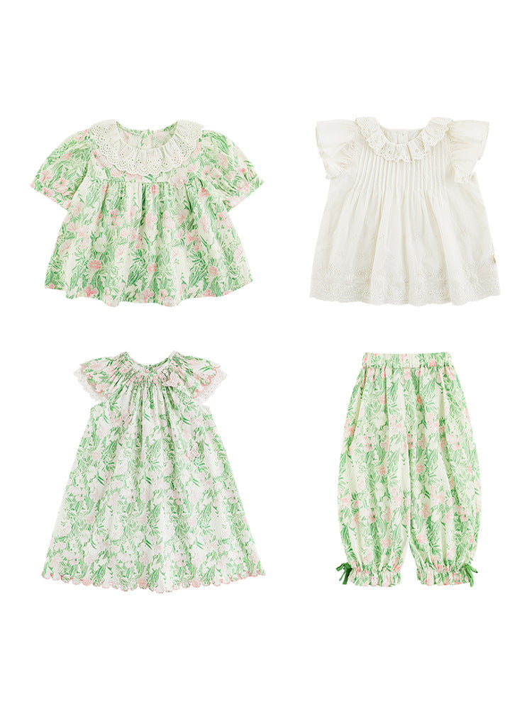 Simple Dress Sweet Pleating Puff Sleeve Doll Shirt Anti Mosquito Children's Suit