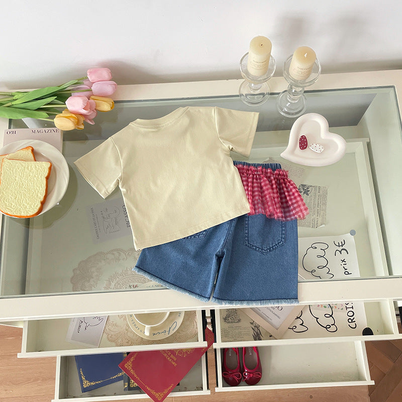 Children's Oil Painting Rabbit T-shirt Fart Curtain Children's Suit