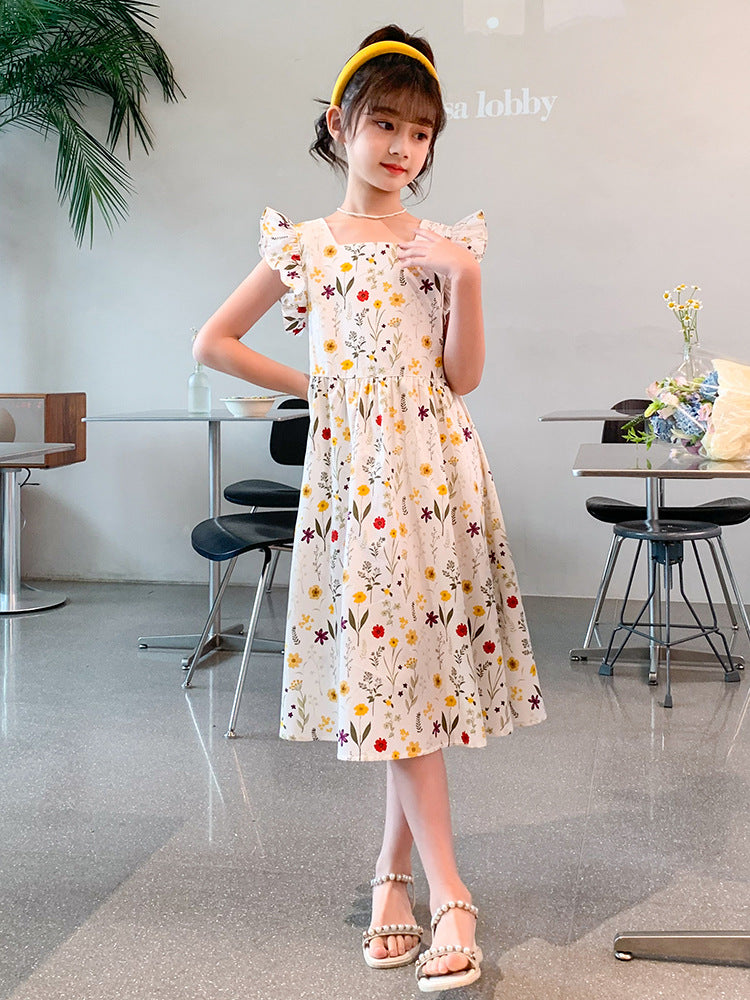 Floral Flounced Sleeve Korean Style Sweet Fresh Princess Pastoral Children's Dress