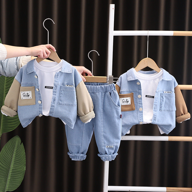 Spring Boys Stitching Letter Logo Denim Long Sleeve Three-piece Children's Suit